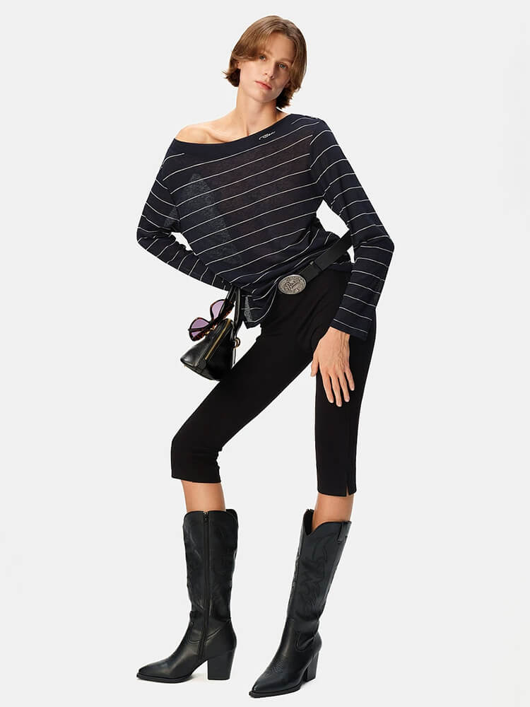Navy Stripe Off-the-Shoulder Long Sleeve Top - Image 4