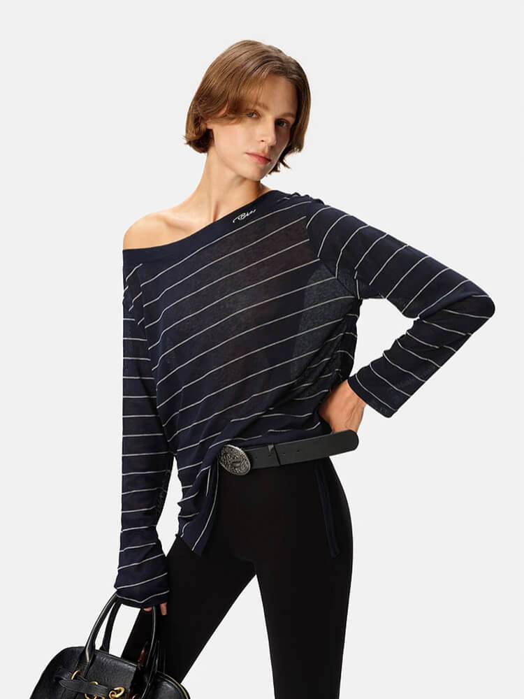Navy Stripe Off-the-Shoulder Long Sleeve Top - Image 2