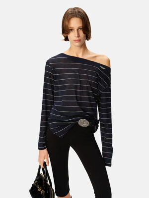 Navy Stripe Off-the-Shoulder Long Sleeve Top