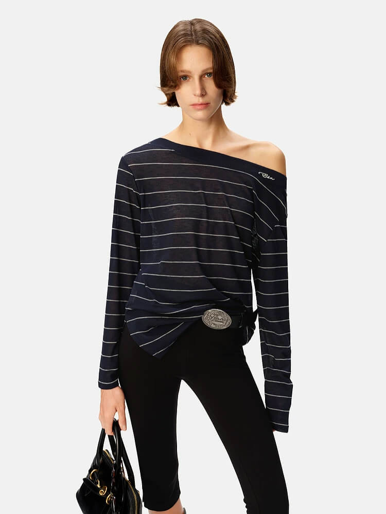 Navy Stripe Off-the-Shoulder Long Sleeve Top