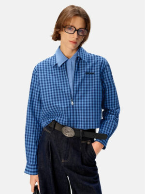 Checkered Cropped Zip-Up Shirt
