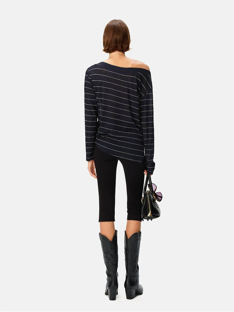 Navy Stripe Off-the-Shoulder Long Sleeve Top - Image 5