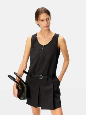 Structured U-Neck Sleeveless Pinstripe Shift Dress
