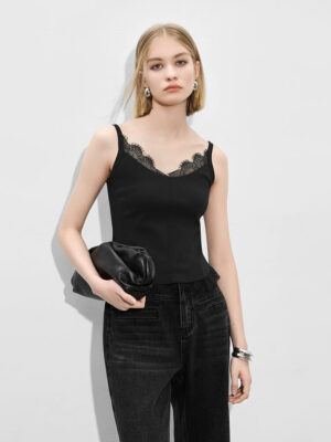 Lace-Trimmed V-Neck Knit Tank Top