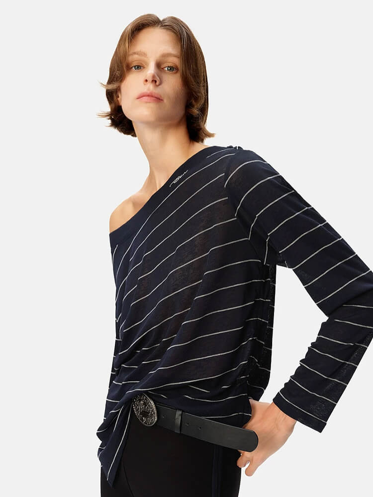Navy Stripe Off-the-Shoulder Long Sleeve Top - Image 3